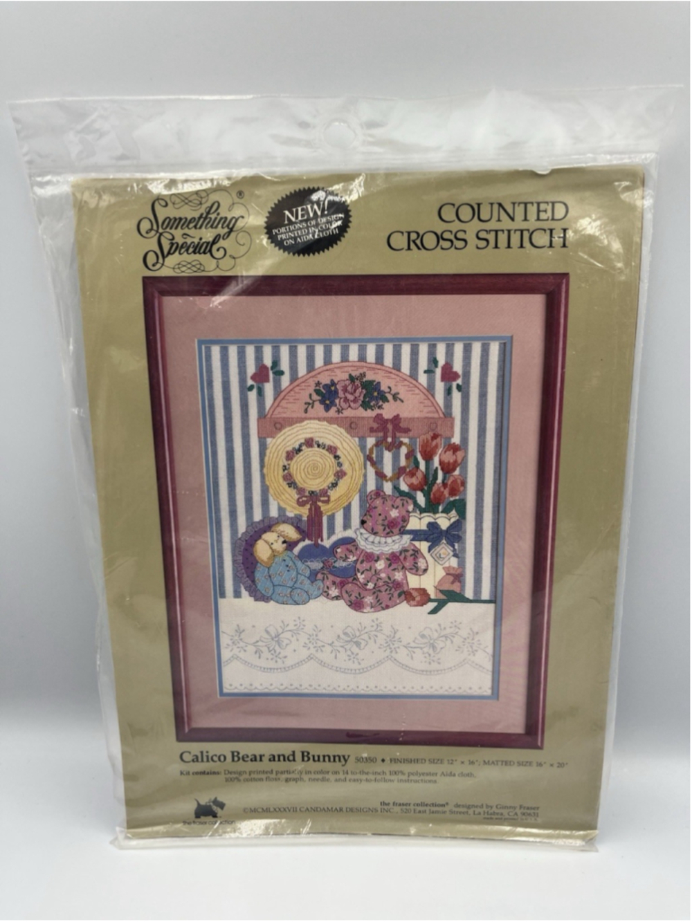 VINTAGE Calico Bear and Bunny Counted Cross Stitch Kit Candamar Designs 1988 NEW